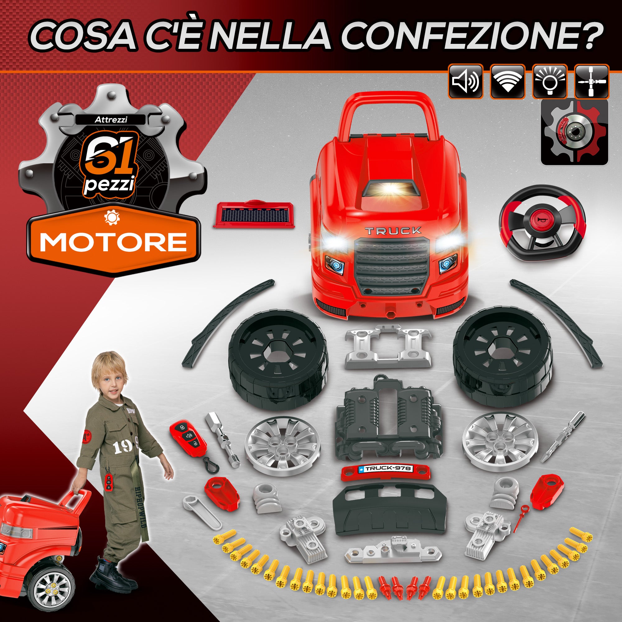 Officina Camion Giocattolo per Bambini 40x39x47 cm con 61 Accessori Rosso