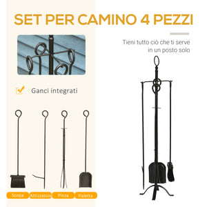 Set Attrezzi per Camino 5 Pezzi in Metallo Nero