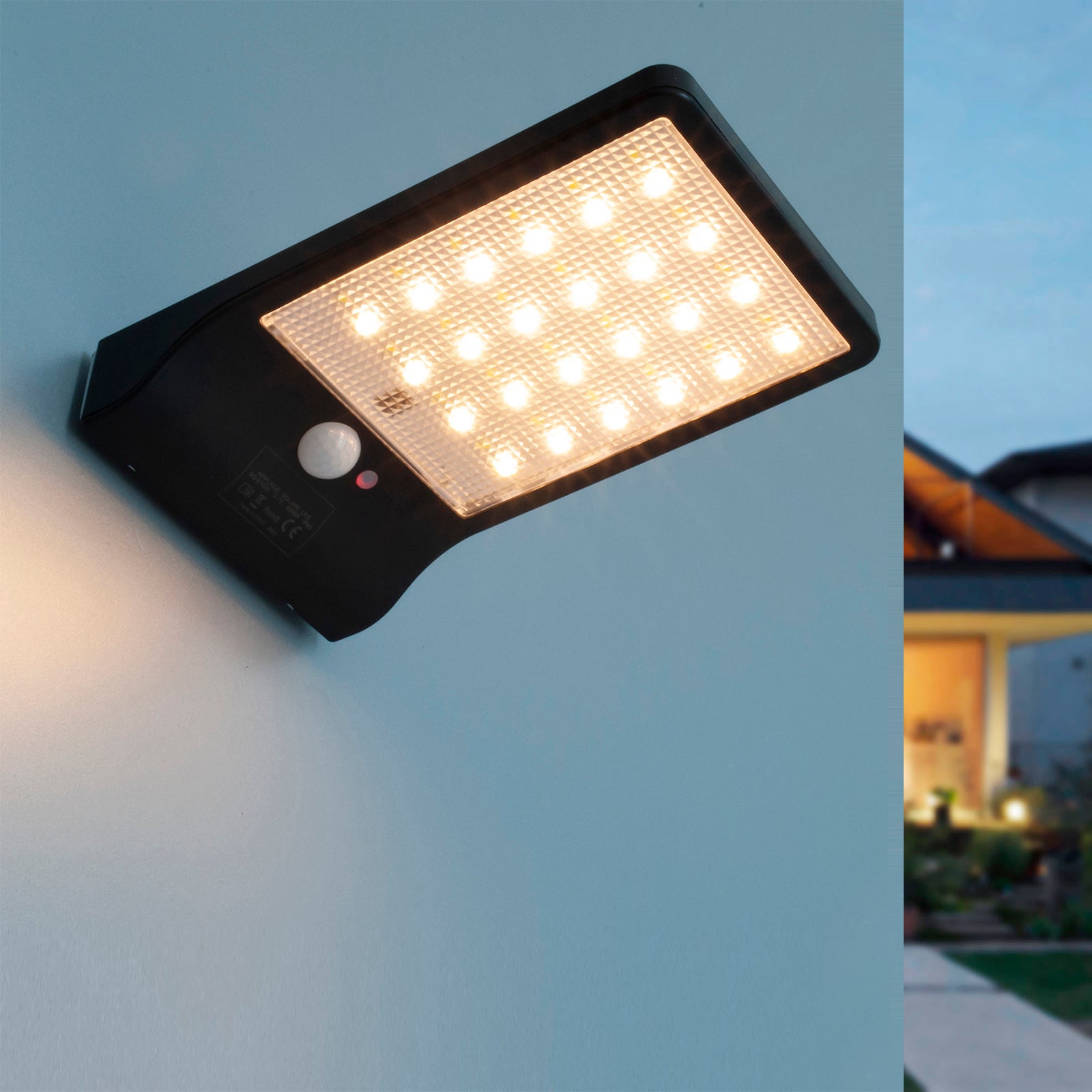 Faretto solare LED 10W sensore crepuscolare luce muro balcone barca camper IP65