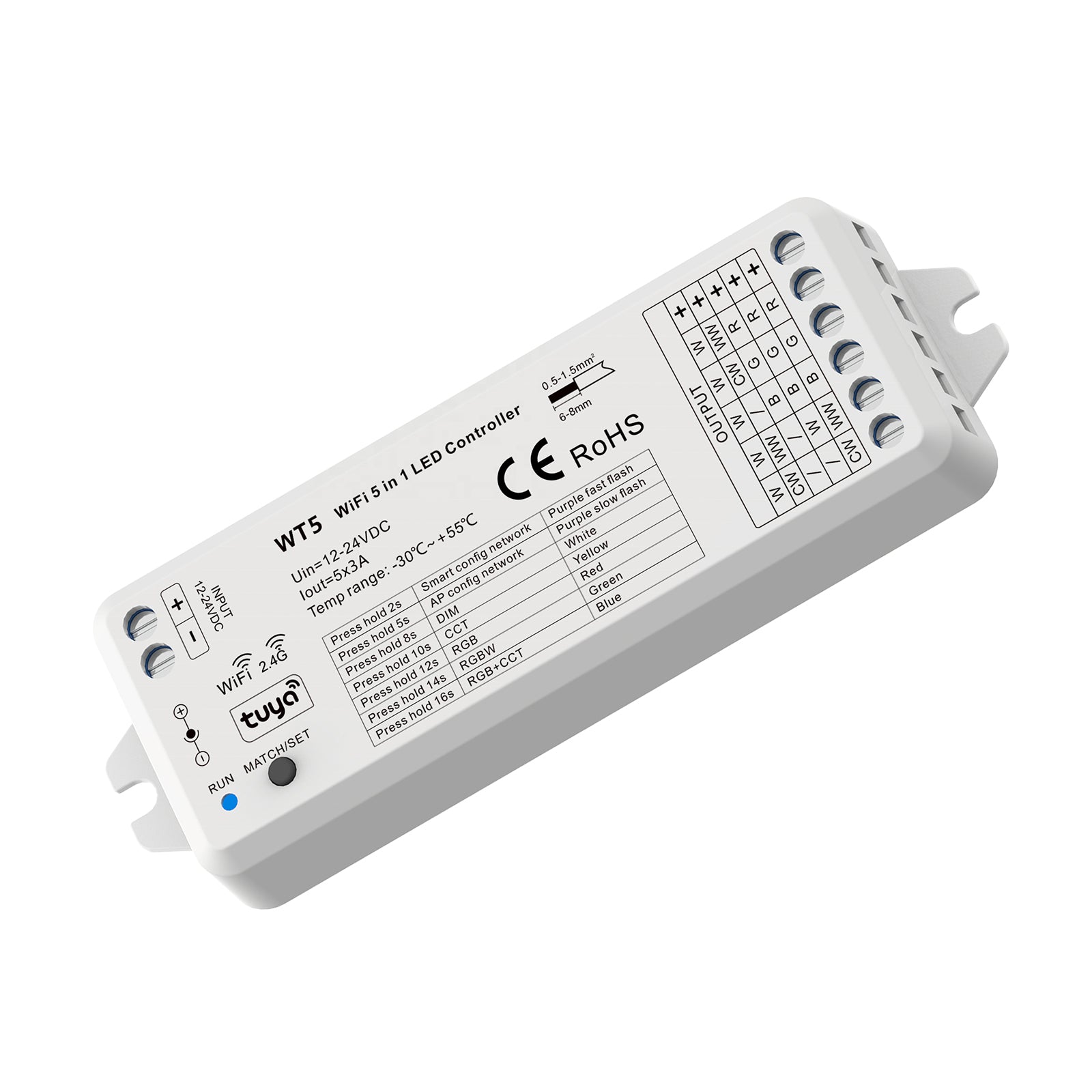 Centralina LED controller strisce dimmer WiFi 2.4G RGB CCT 5CH 15A 180W 12-24V