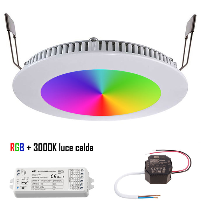 KIT faretto slim incasso cromoterapia giochi luce dimmerabile LED 8W RGB RGBW 24V centralina WiFi Alexa Google foro 13cm