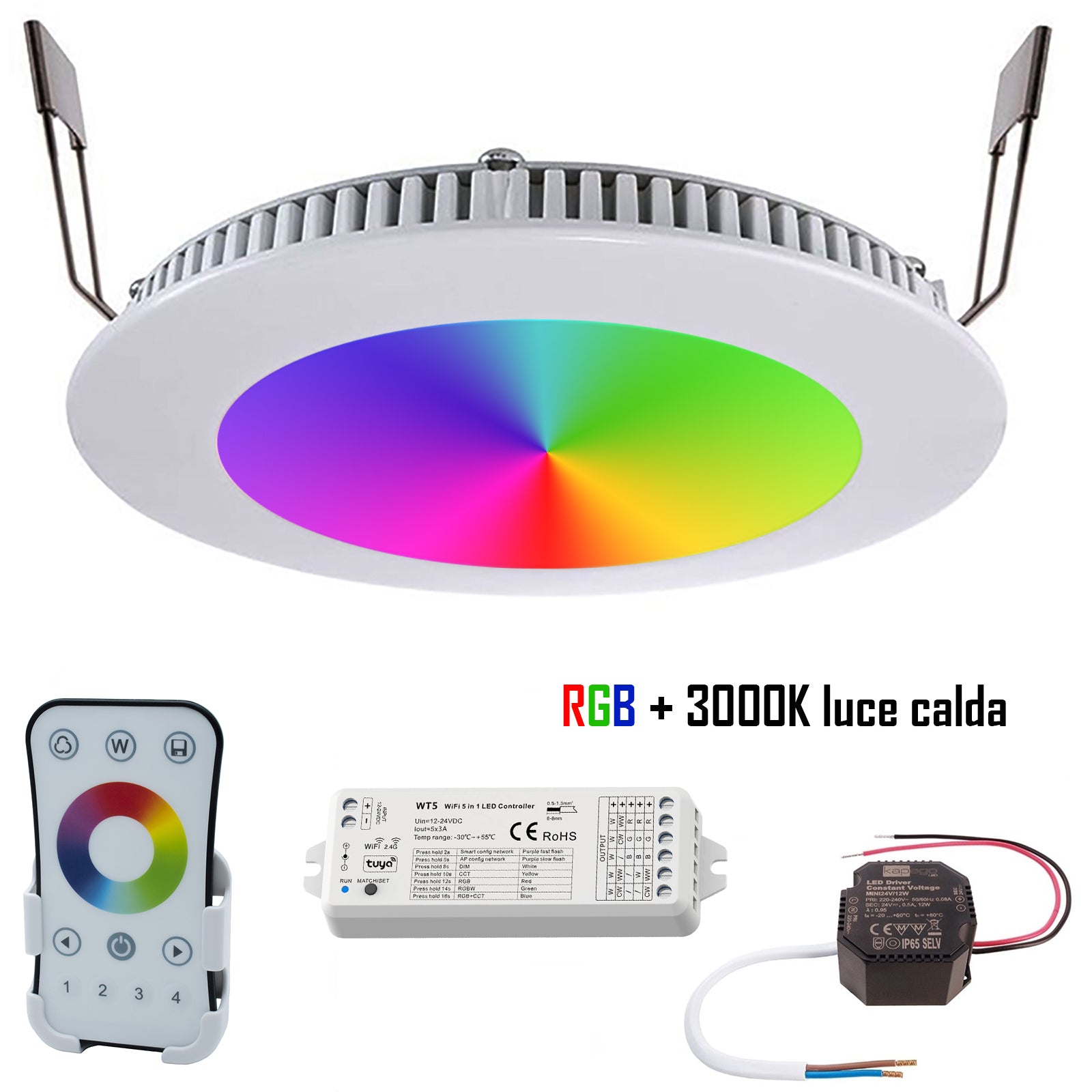 KIT cromoterapia faretto incasso pannello slim LED 8W RGB 3000K multicolore 24V WiFi telecomando alexa google foro 13cm