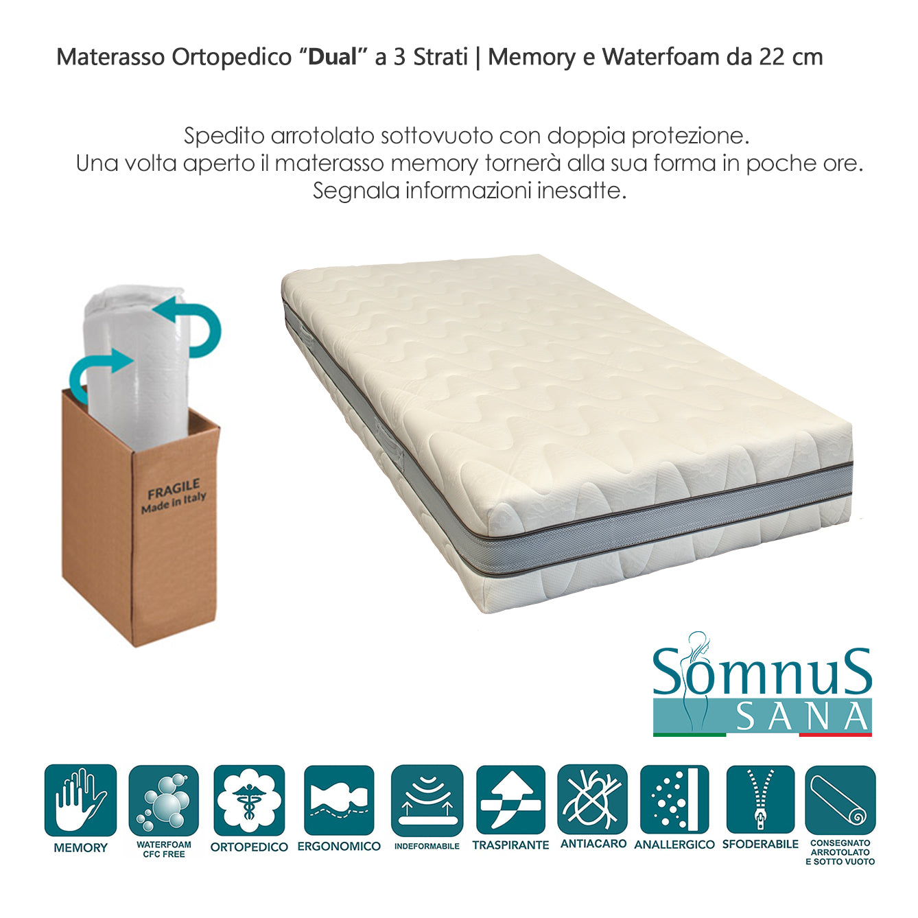 Materasso singolo in Memory Foam 75x190 H22cm ortopedico Rigidità  Media Sfoderabile e spedito sottovuoto Oeko-Tex