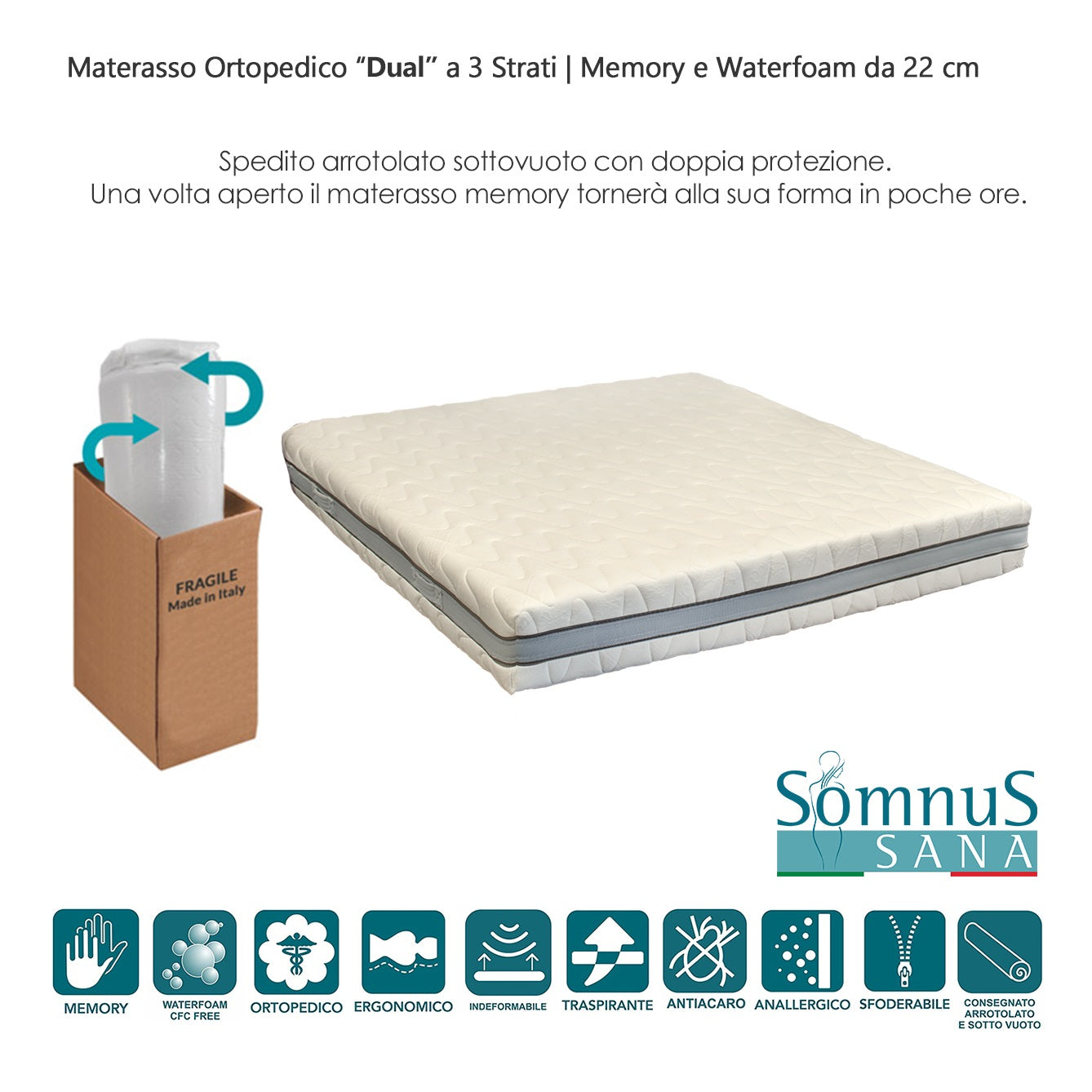 Materasso una piazza e mezza Memory Foam 135x200 H22cm ortopedico Rigidità Media Sfoderabile e spedito sottovuoto