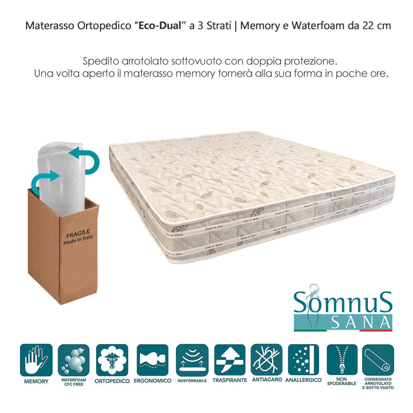 Materasso per Letto Singolo in memory foam H22cm waterfoam Bianco Anallergico ed Antiacaro 180x195 H 22cm