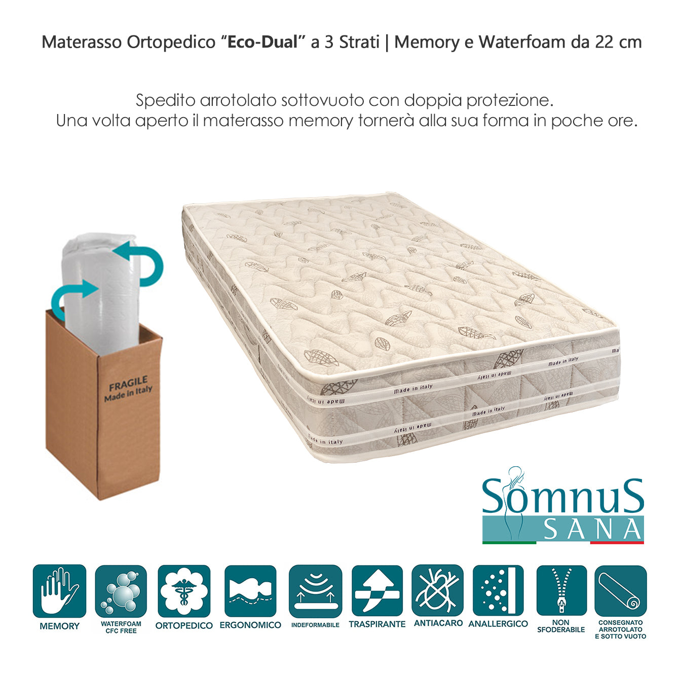 Materasso per Letto Singolo in memory foam H22cm waterfoam Bianco Anallergico ed Antiacaro 95x190 H 22cm