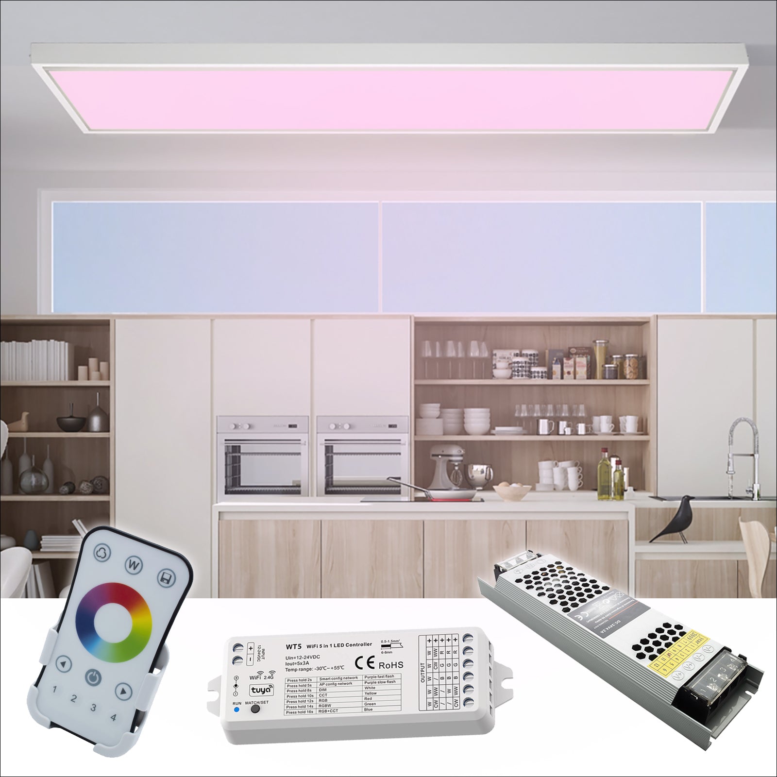 KIt plafoniera rettangolare LED RGB 4000K 67W luce colorata WiFi controllo vocale 120x30cm 24V Alexa Google BIANCO