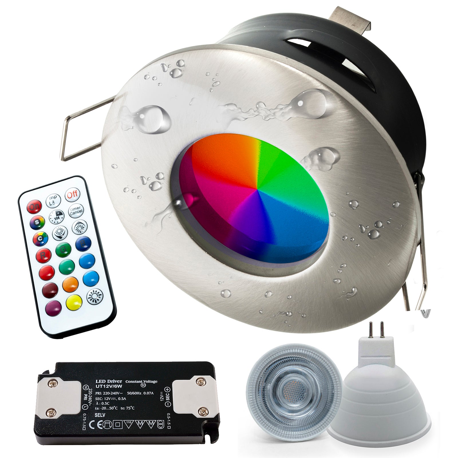 Faretto incasso LED 6W 12V cromoterapia IP65 box doccia lampada GU5.3 RGBW RGB 3000K telecomando IR SILVER CROMATO