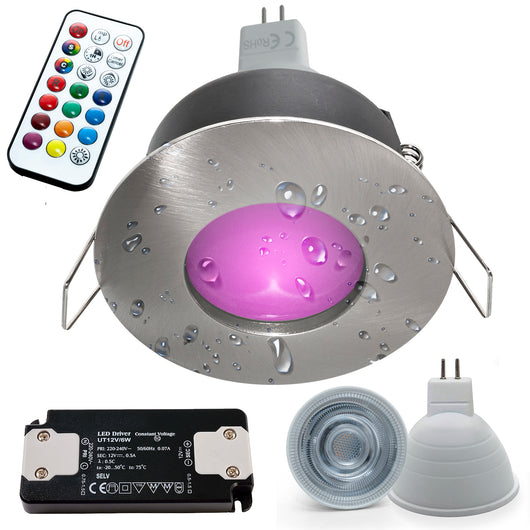 Faretto incasso LED 6W 12V cromoterapia IP65 box doccia lampada GU5.3 RGBW RGB 6000K telecomando IR SILVER SPAZZOLATO