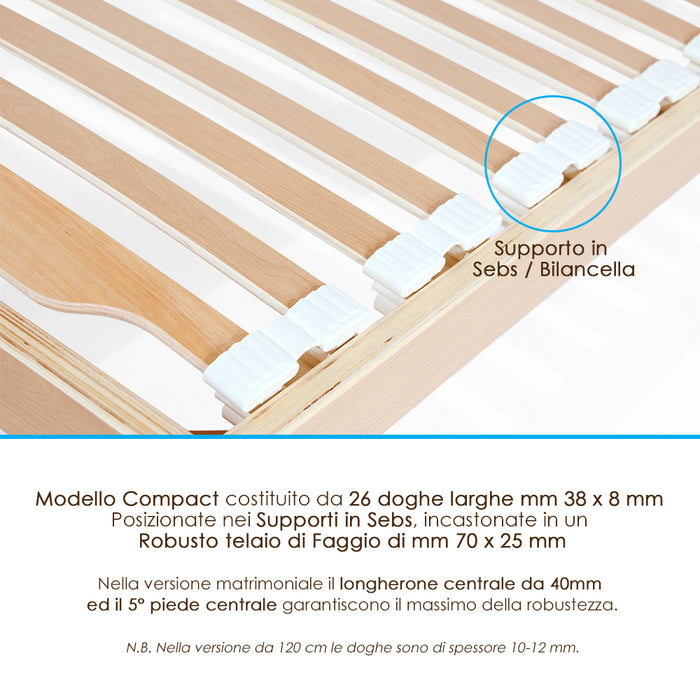 Rete Ortopedica in Legno di Faggio 75x200 Singola Alta 37cm 26 doghe e regolatori di rigiditÃ 