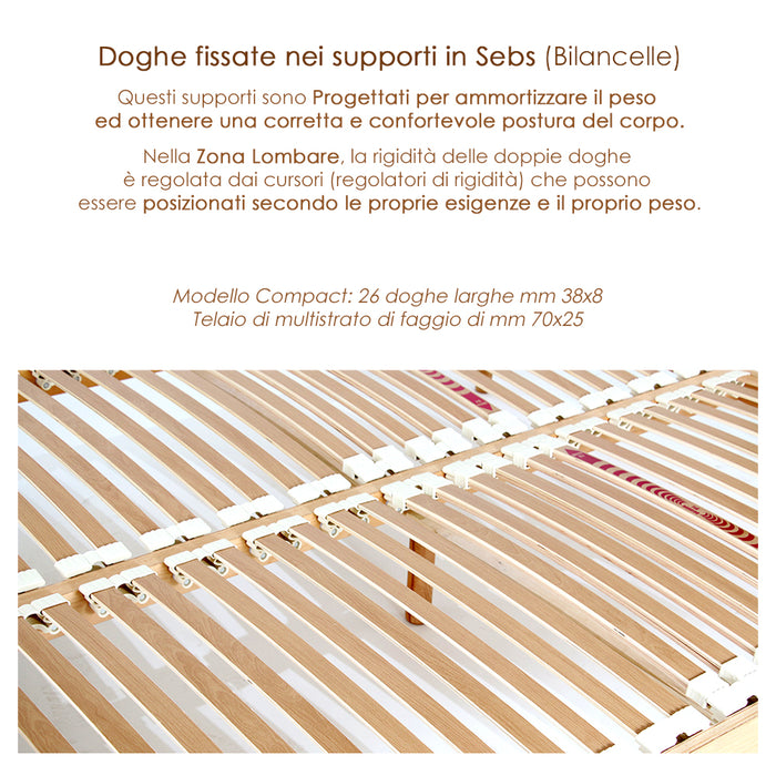 Rete letto in legno 90x200 h 52 cm Singola 26 doghe basculanti in Faggio 100%