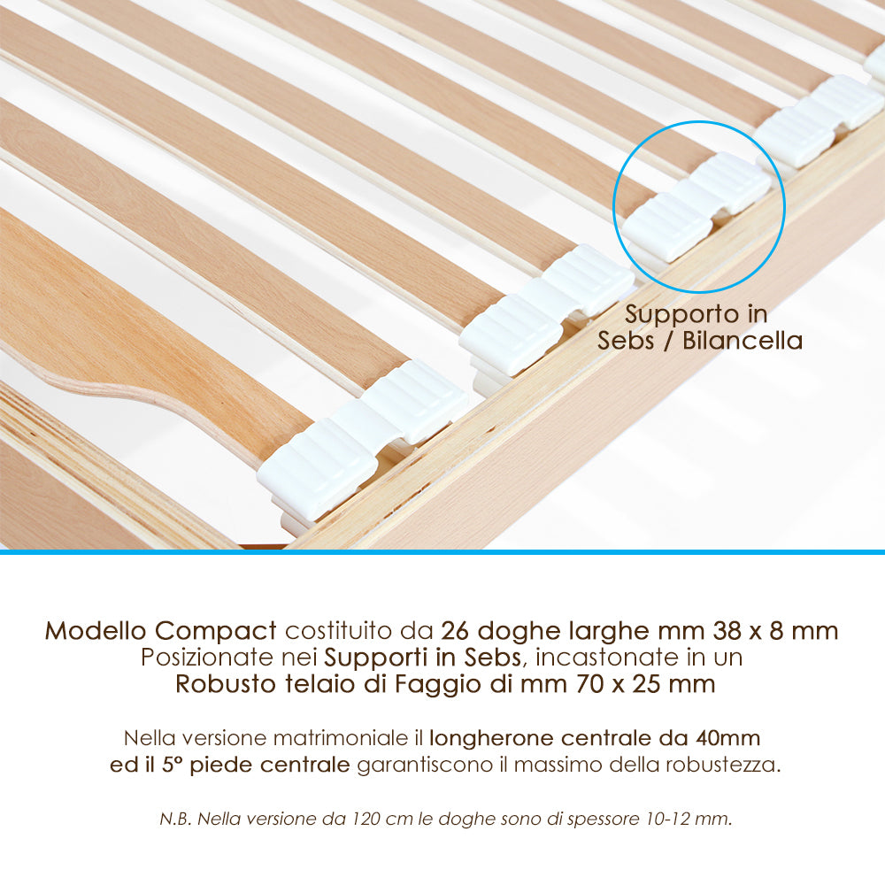 Rete letto in legno 165x200 h 52 cm Singola con 26 doghe Faggio Oscillanti Alzata manuale