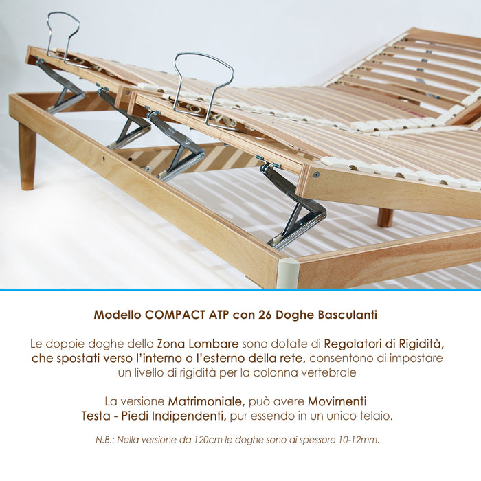 Rete letto in legno 165x200 h 52 cm Singola con 26 doghe Faggio Oscillanti Alzata manuale