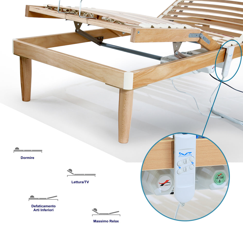 Rete a Doghe in legno di faggio Alzata testa piedi Elettrica Letto Singolo Motorizzato 115x200 H 37cm