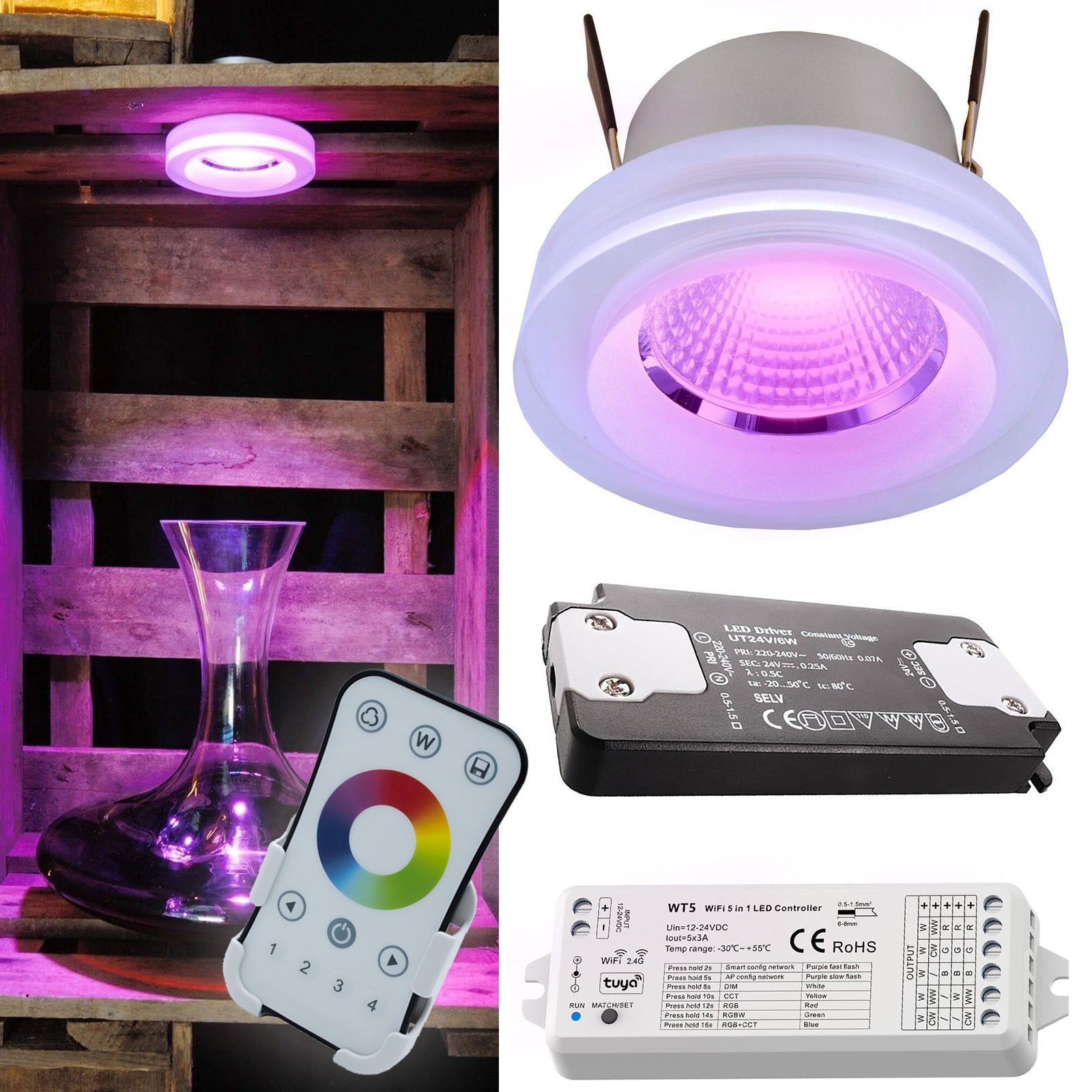 KIT cromoterapia WiFi faretto vetro LED 8W SMART RGB incasso giochi luce centralina 24V luce colorata Alexa Google