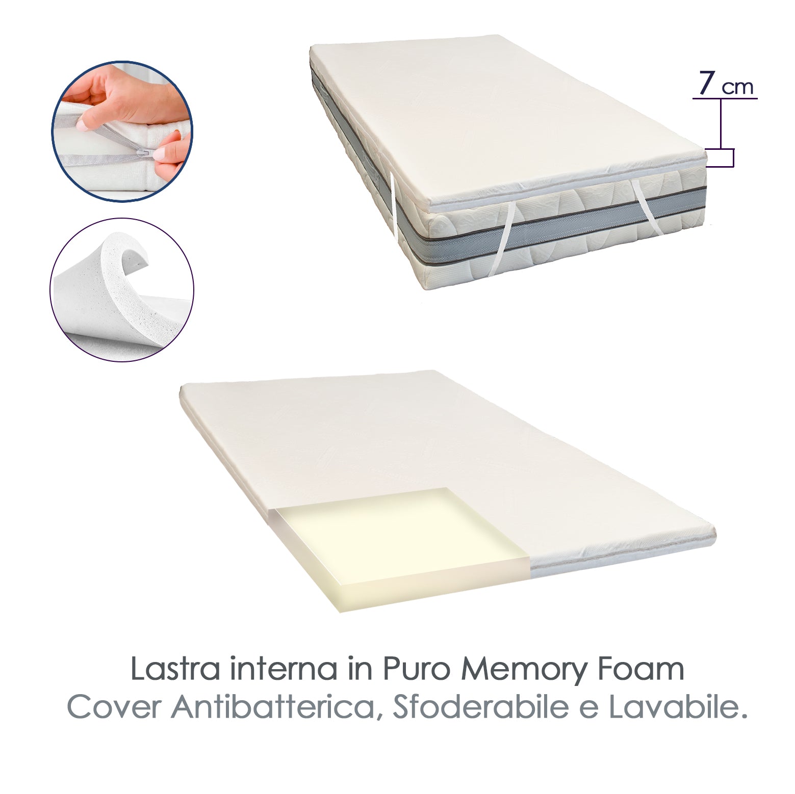 Topper Correttore Materasso Singolo Ortopedico in Memory Foam Letto 90x200 H7 Una piazza H 7 CM Certificato Oeko-Tex