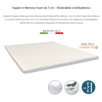 Topper Correttore Materasso matrimoniale Memory Foam Igenico Antiacaro per letto 165x200 Certificato Oeko-Tex H7