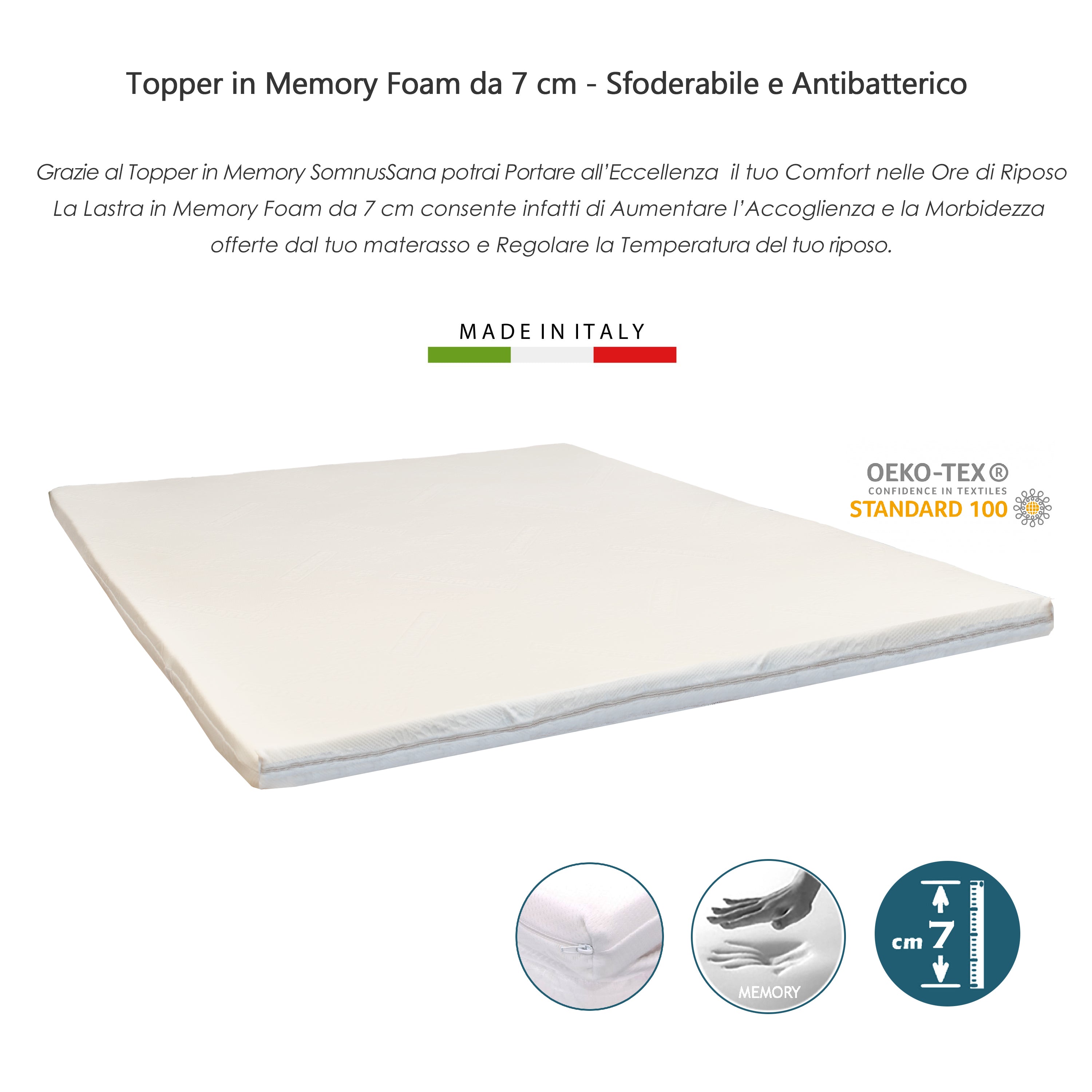 Topper Correttore Materasso matrimoniale king Memory 170x200 H7 Ortopedico Rigidità  media Sottovuoto Oeko-Tex