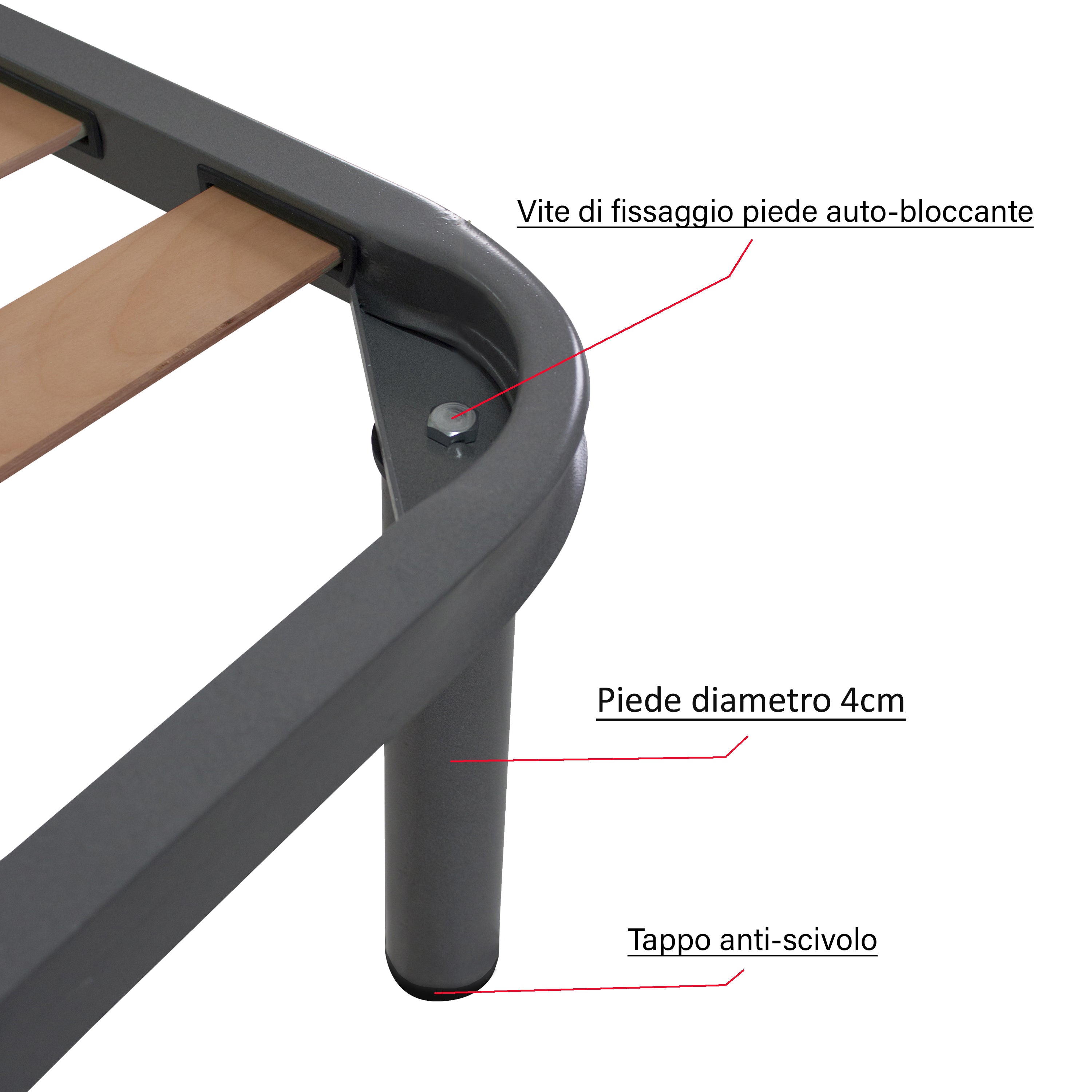 Rete in Ferro con Piedi e Doghe in Legno cm140x200 H35 per materasso Francese