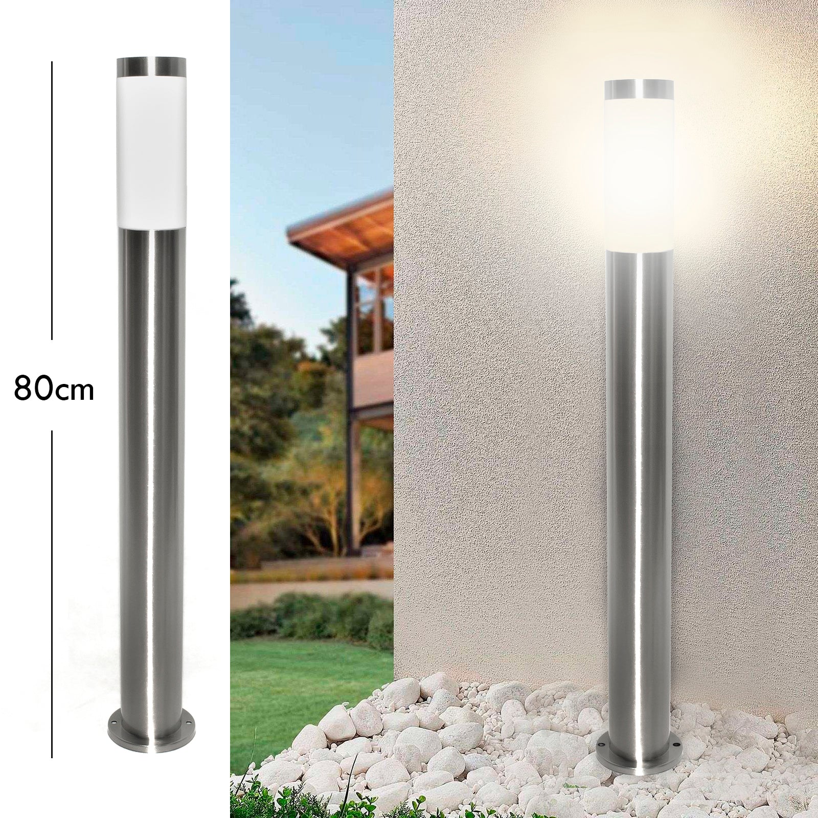 TOKYO Lampione LED attacco E27 acciaio inox palo 80cm impermeabile esterni luce giardino viale cortile 230V MISURA 80CM