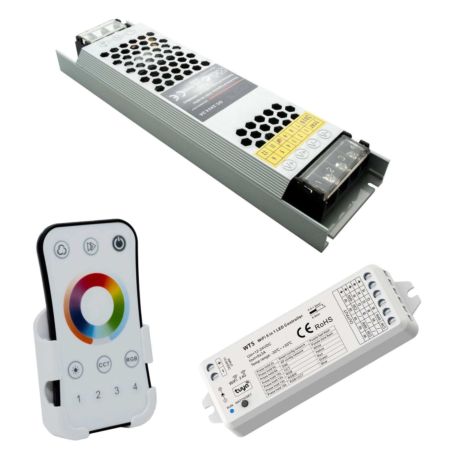 KIT SMART striscia LED 100W RGB CCT IP67 impermeabile 24V luce colorata centralina WiFi controllo vocale Alexa Google