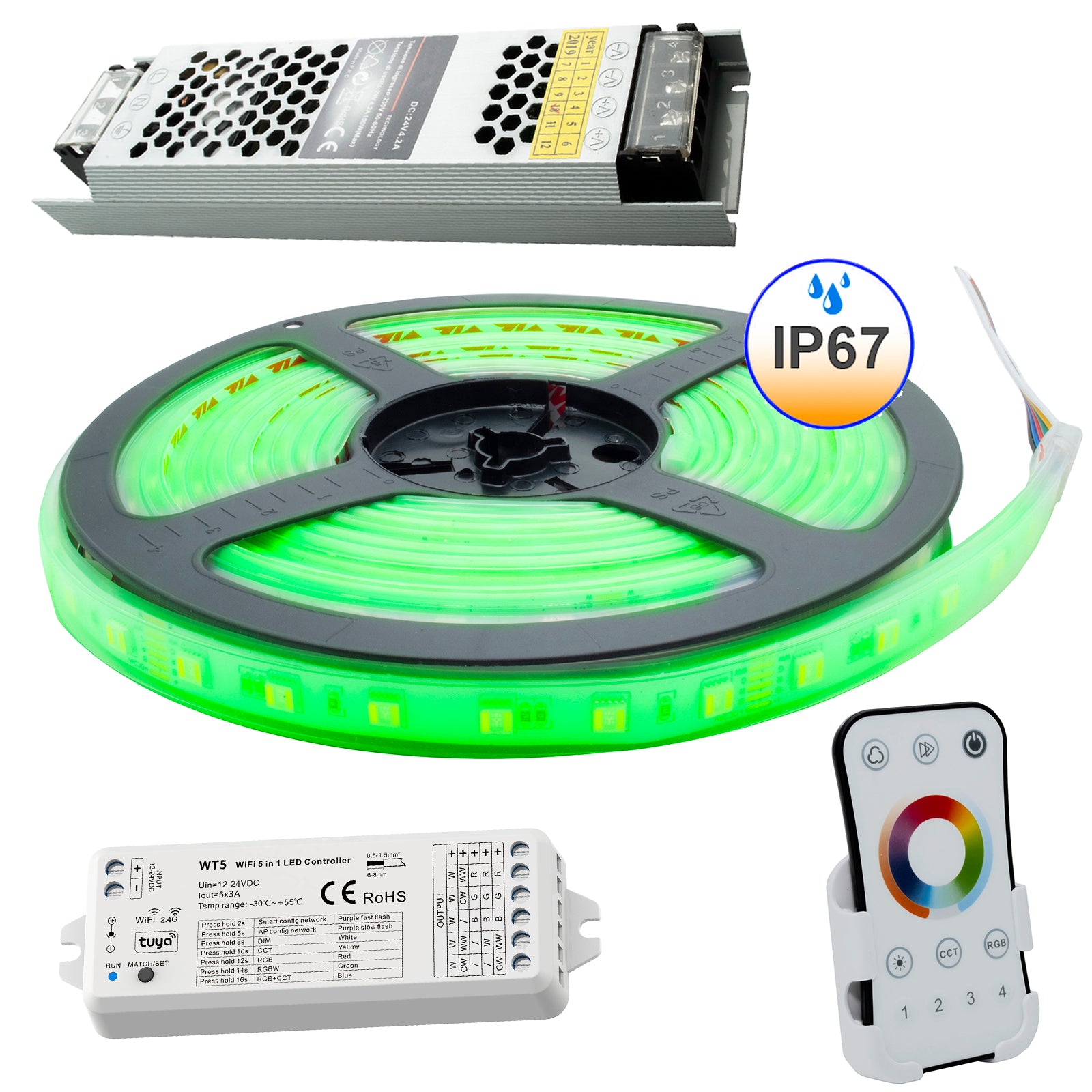 KIT SMART striscia LED 100W RGB CCT IP67 impermeabile 24V luce colorata centralina WiFi controllo vocale Alexa Google