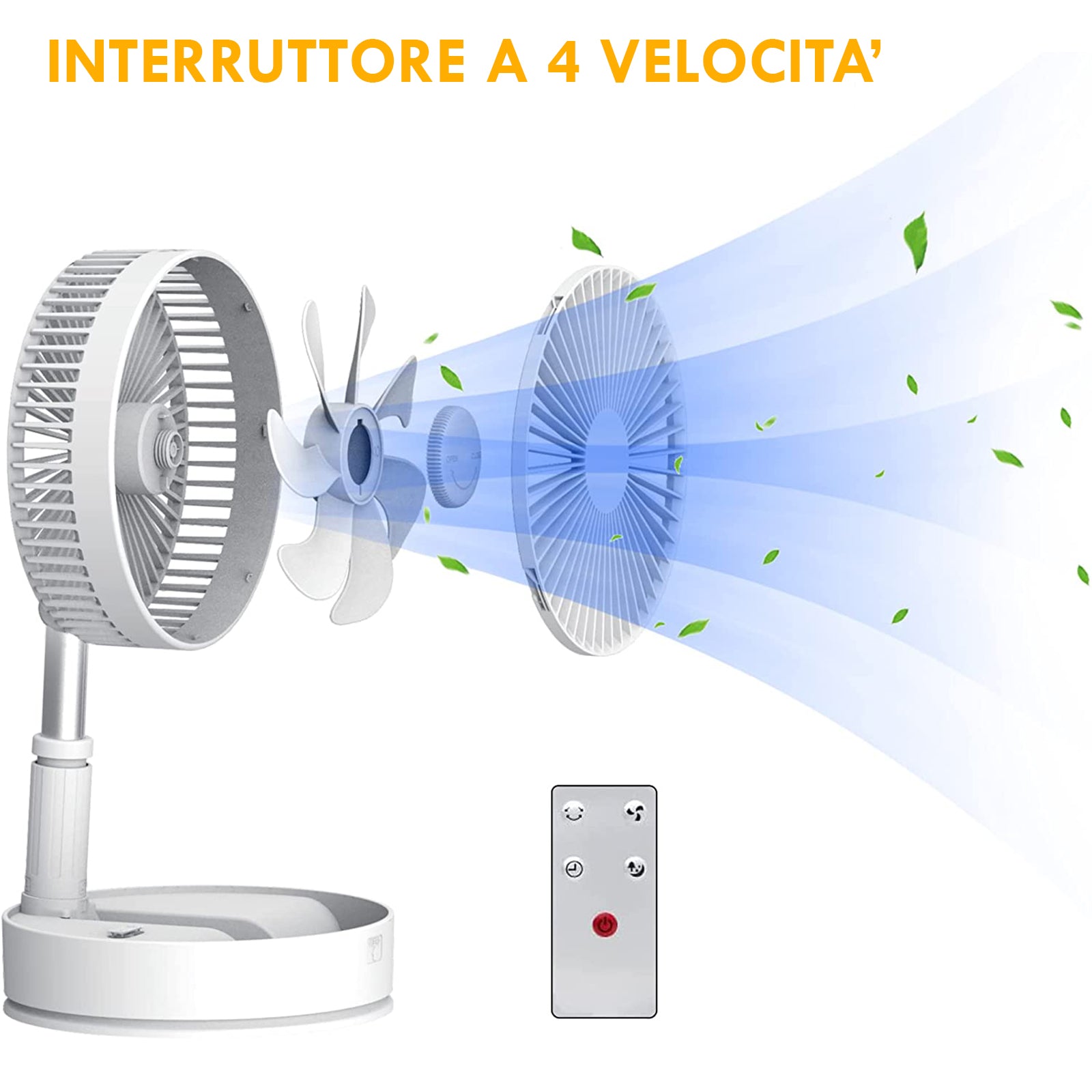 Ventilatore senza fili portatile pieghevole telescopico 4 velocita girevole batteria ricaricabile USB con telecomando