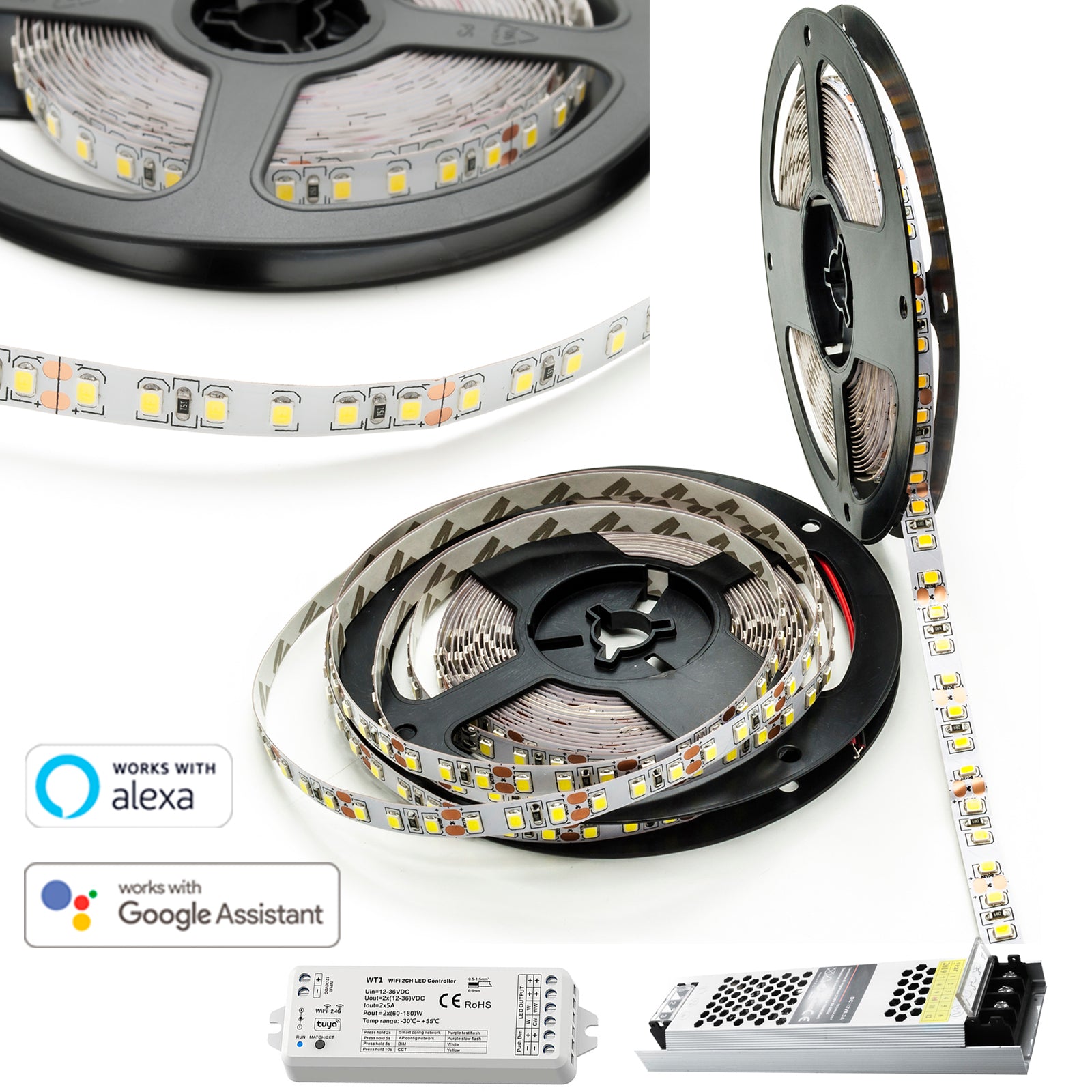 KIT striscia LED 90W SMART centralina dimmer alimentatore 12V WiFi alta luminosita controllo Alexa Google LUCE 2700K