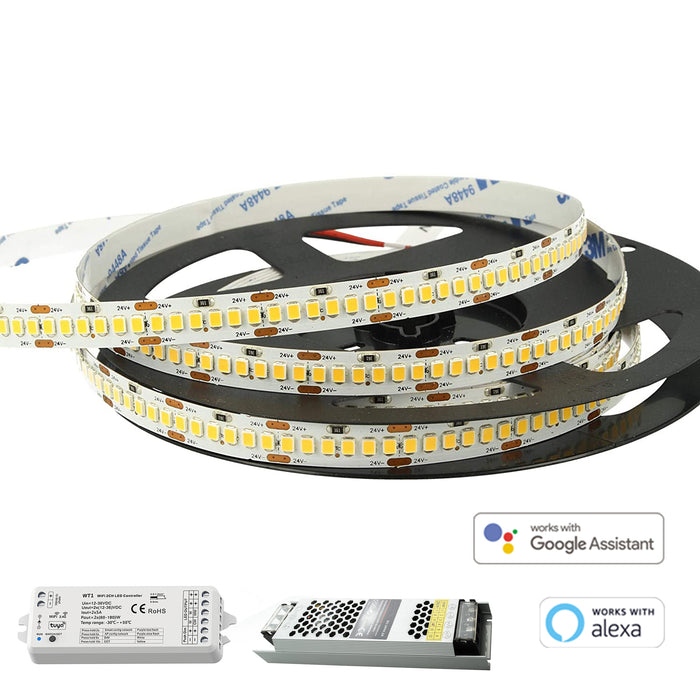 KIT SMART striscia 1200 LED 90W 24V centralina WiFi controllo vocale alexa strip flessibile 5 metri 8100lm LUCE 3000K