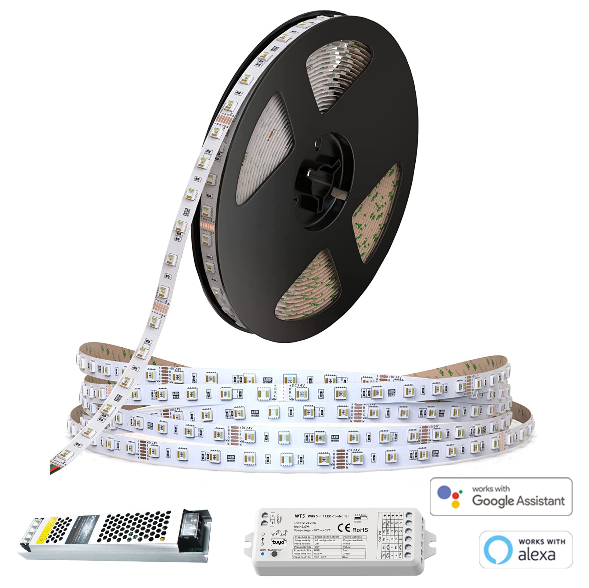 Set SMART striscia LED adesiva 120W RGB CCT da 2400K-6500K 24V 12000lm WiFi controllo vocale Alexa Google con centralina