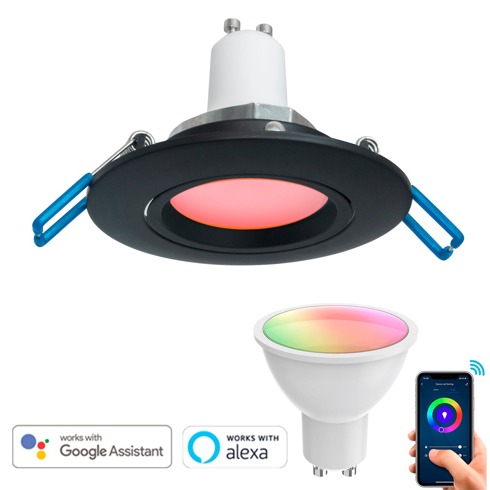 Faretto SMART Alexa Google incasso 7cm lampada LED 5W orientabile WiFi GU10 RGB CCT da 2700K-6500K 230V soffitto NERO