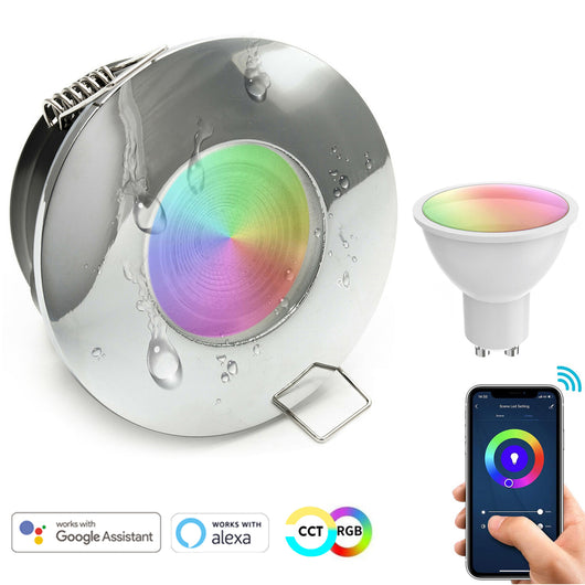 Faretto incasso IP65 SMART WiFi controllo Alexa Google 5W GU10 RGB CCT cromoterapia luci box doccia 230V SILVER CROMATO