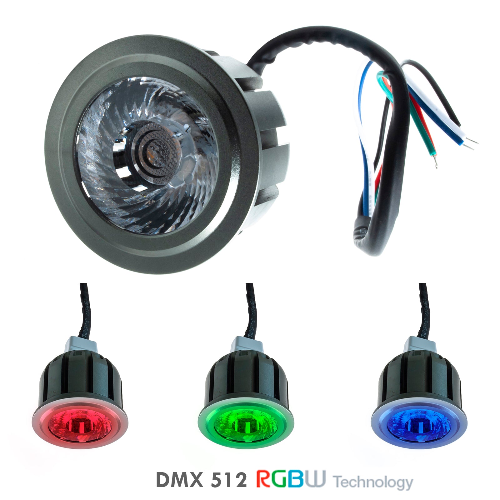 Faretto LED lampada SPOT RGB 6W 24V sincronizzabile dimmerabile DMX512 luce colorata cromoterapia 50mm 5 fili RGB+3000K