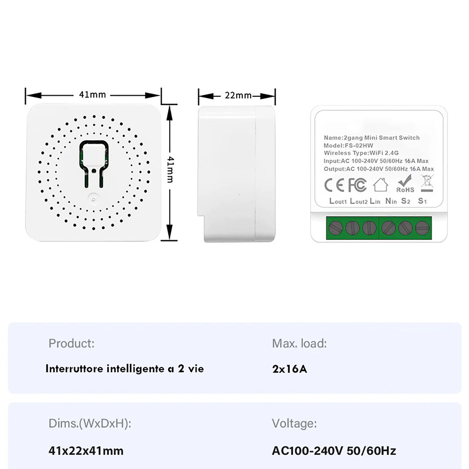 Mini interruttore intelligente ON OFF SMART WiFi 2 CH 2 canali Google Alexa temporizzatore 2 vie 230V 16A FS-02HW