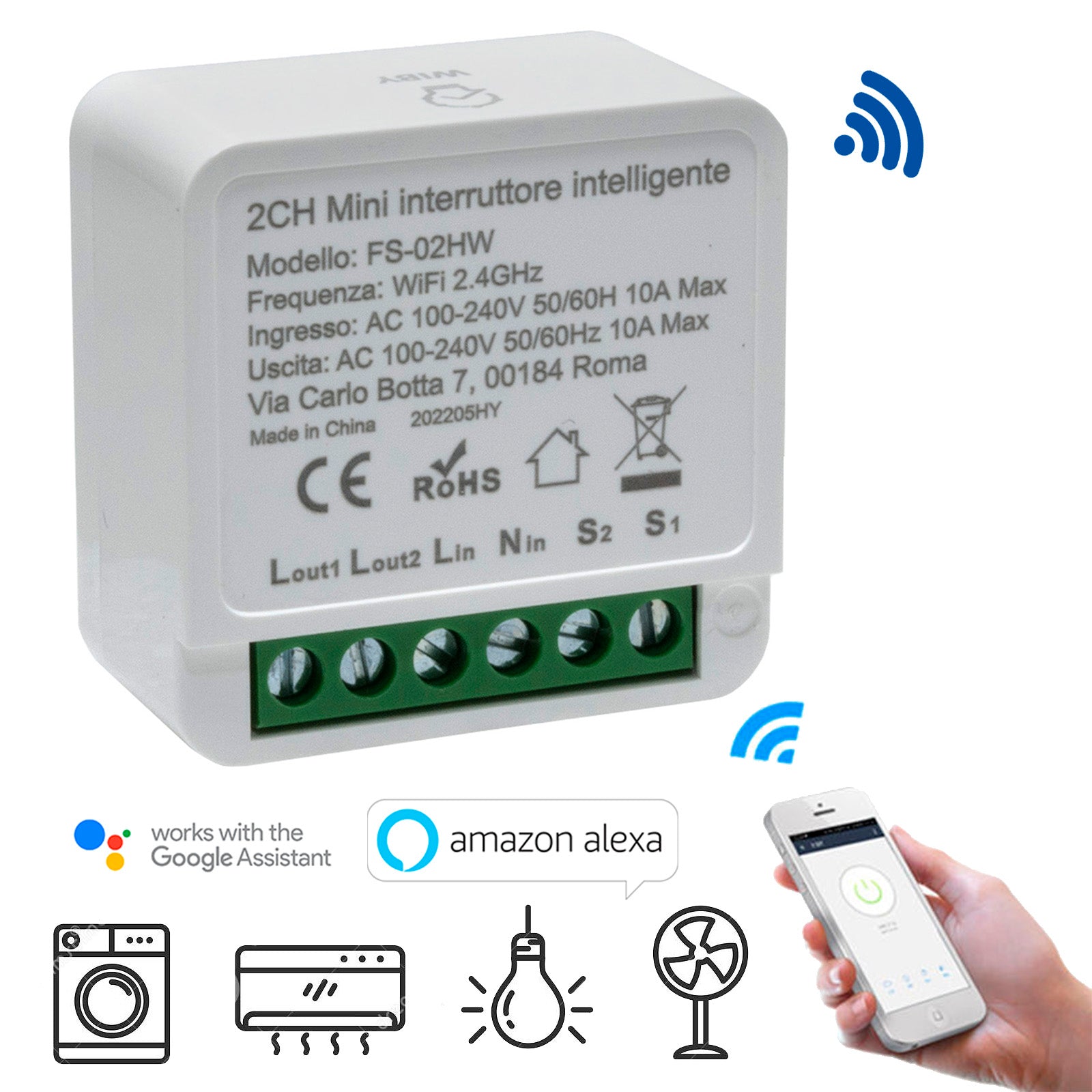 Mini interruttore intelligente ON OFF SMART WiFi 2 CH 2 canali Google Alexa temporizzatore 2 vie 230V 16A FS-02HW