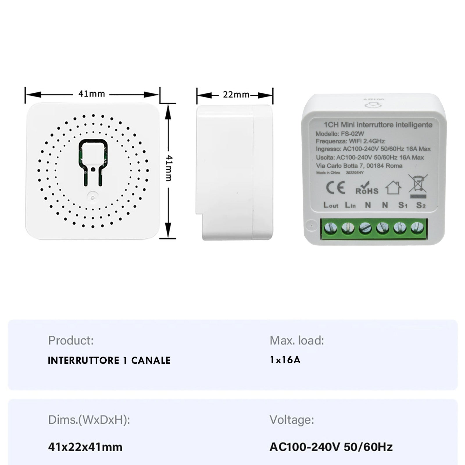 Mini interruttore ON OFF SMART intelligente WiFi 1 CH 1 canale Google Alexa temporizzatore timer 230V 16A FS-02W