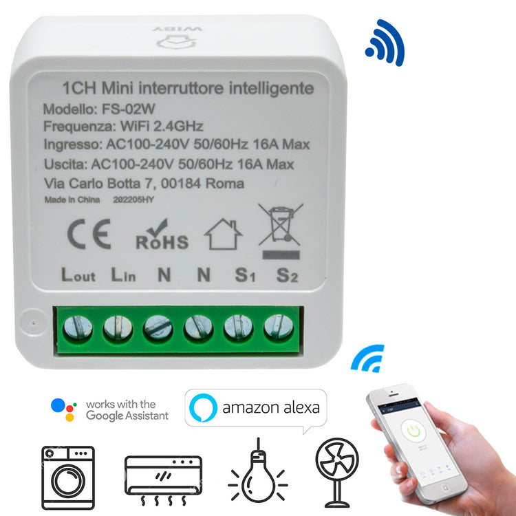 Mini interruttore ON OFF SMART intelligente WiFi 1 CH 1 canale Google Alexa temporizzatore timer 230V 16A FS-02W