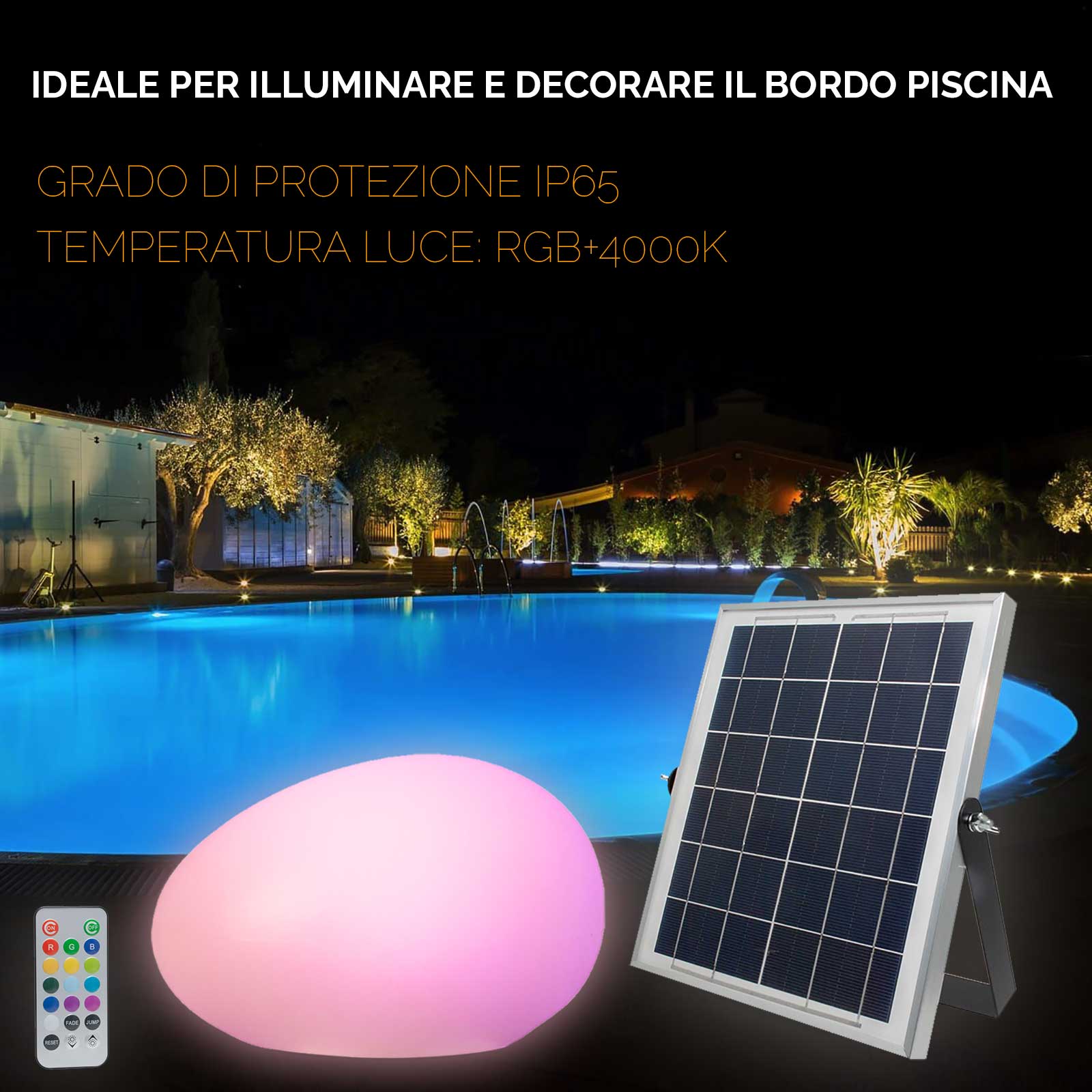 Lampada decorativa luminosa crepuscolare pietra solare RGB LED 14W  IP65 luce esterni decorazione giardino bordo piscina