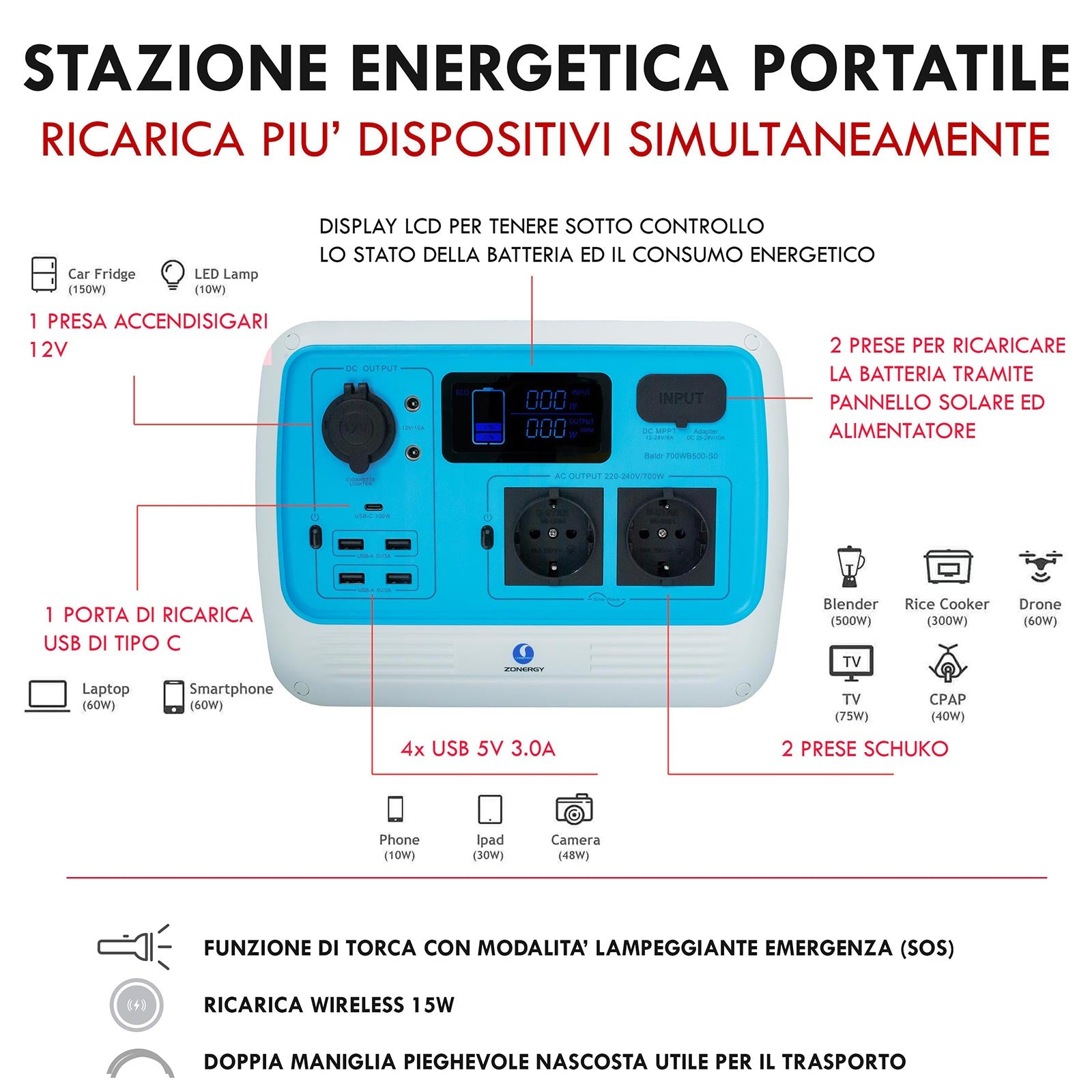 Generatore elettrico corrente 700W/537Wh ZONERGY inverter portatile ricarica power station 2 prese schuko AC USB-C 100W