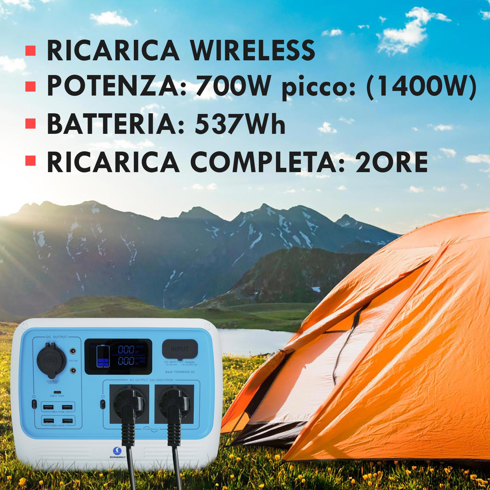 Generatore elettrico corrente 700W/537Wh ZONERGY inverter portatile ricarica power station 2 prese schuko AC USB-C 100W