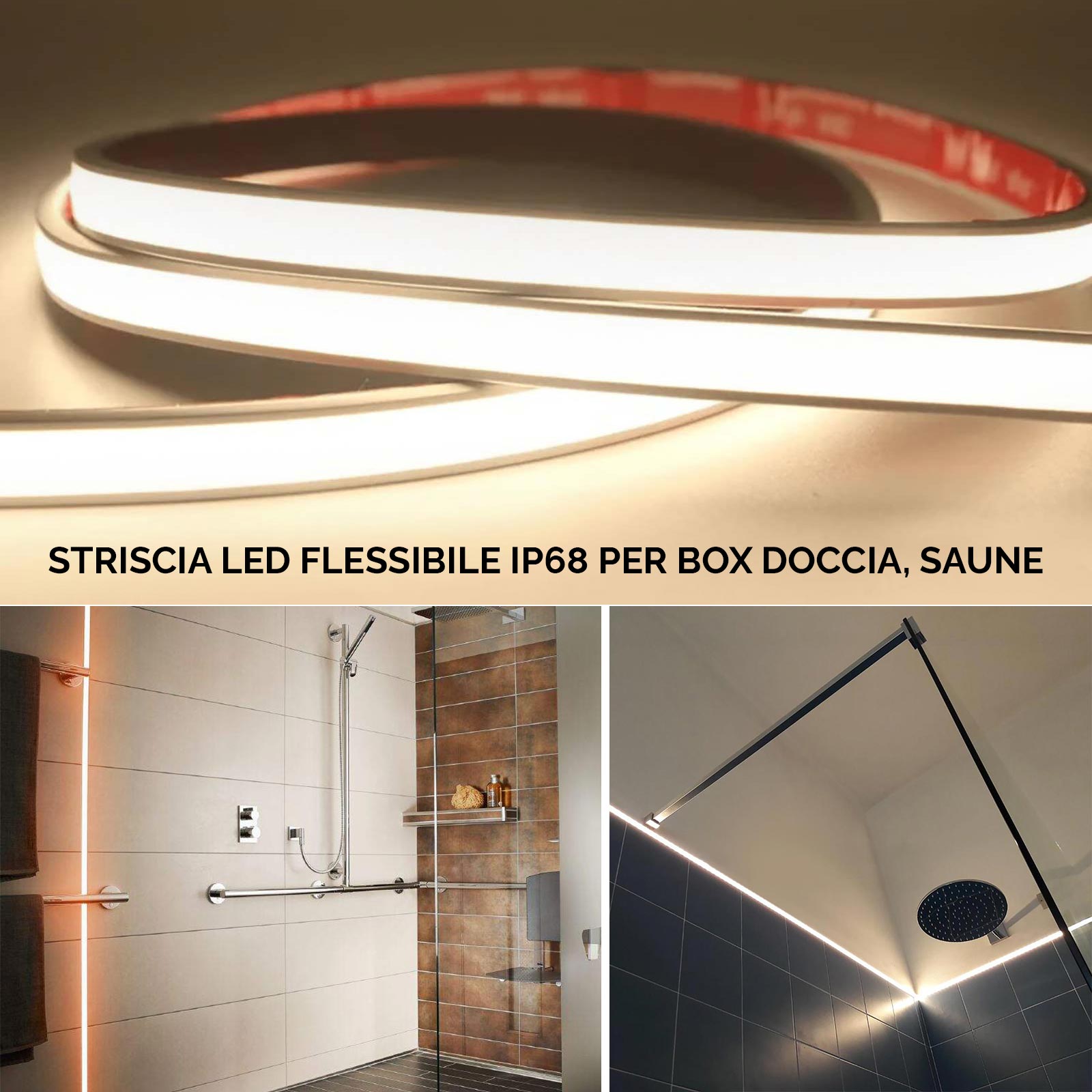 Striscia LED tenuta stagna IP68 Linear COB flessibile Neon Flex dimmerabile 24V luce per doccia sauna bordo vasca 3000K