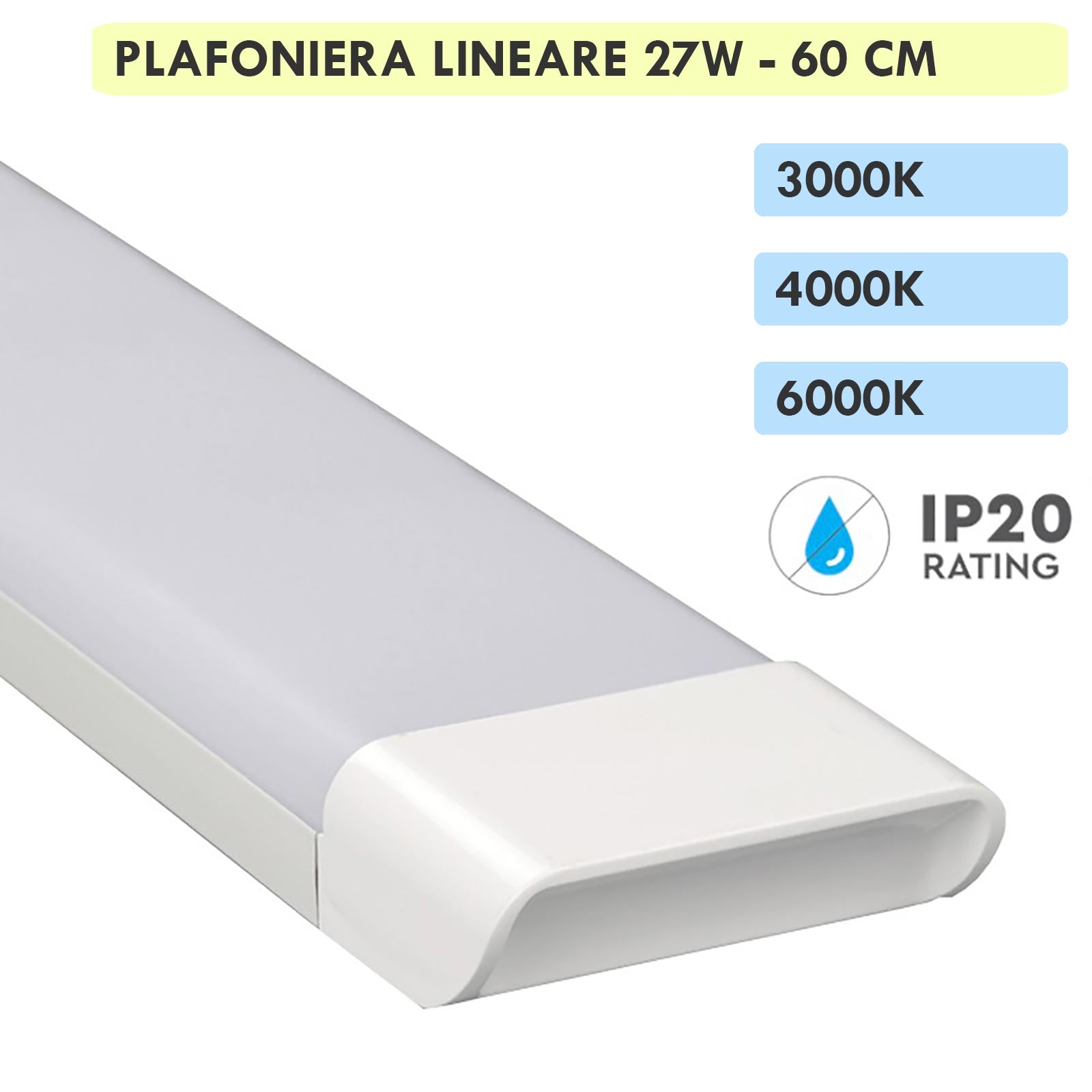 Plafoniera lineare LED 27W lampada soffitto parete 2700lm luce interni cucina ripostiglio cantina 60cm 230V 4000K