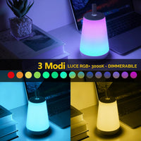 Lampada ricaricabile portatile LED RGB RGBW luce colorata bambini relax notturna touch dimmerabile comodino campeggio 3W