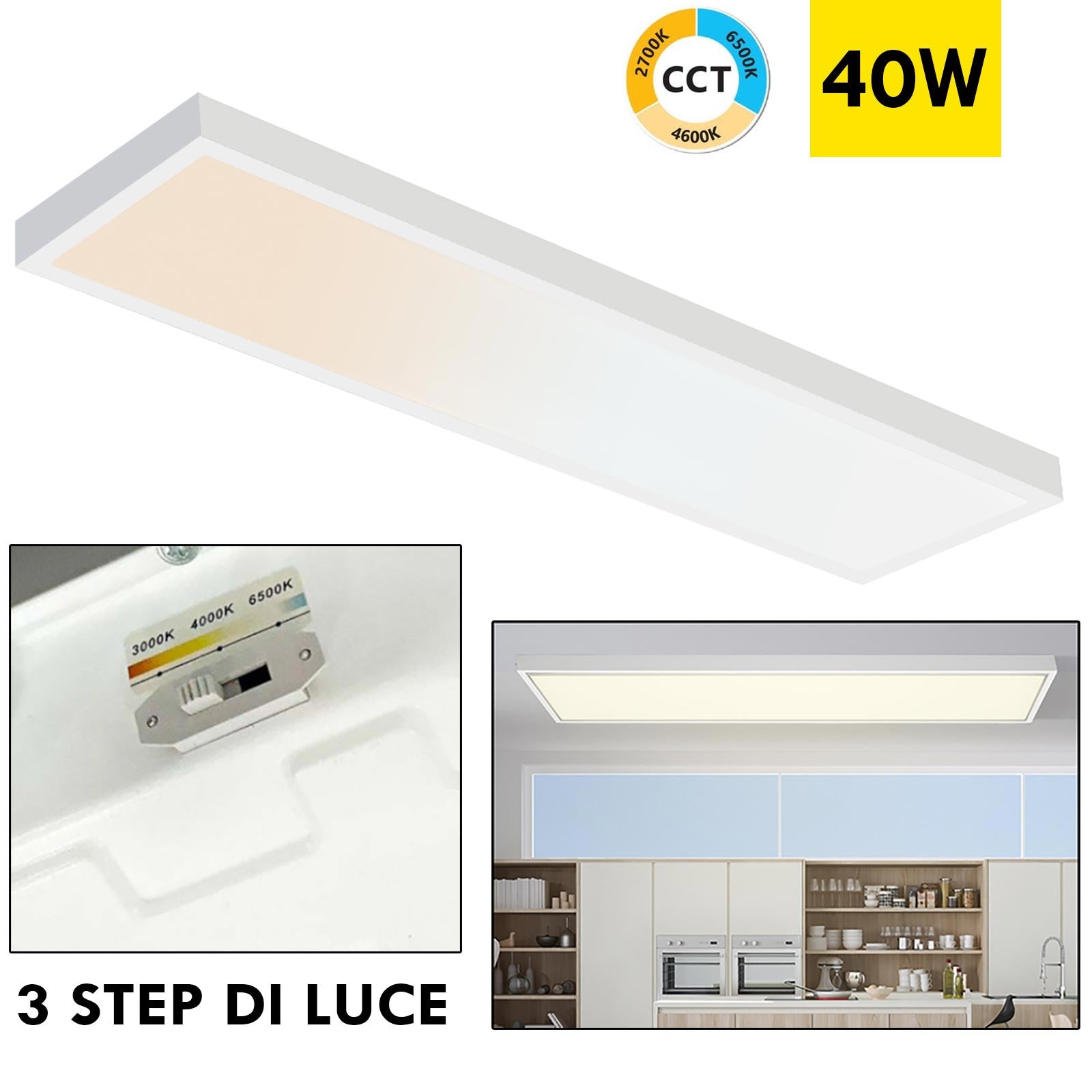 Plafoniera LED rettangolare 40W lampada soffitto 120x30 CCT da 3000K a 6500K luce ufficio negozio studio medico 230V