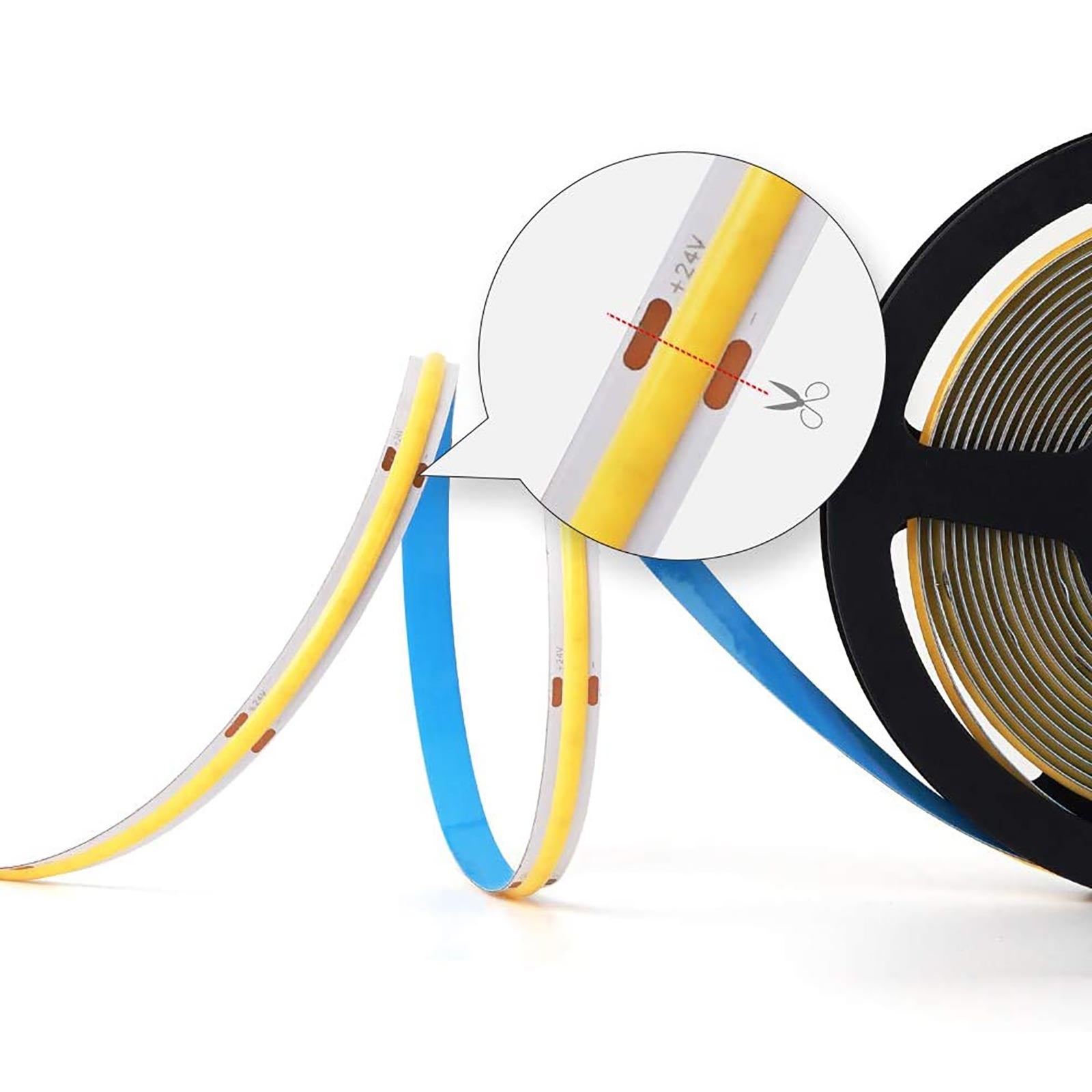 Tira LED Flexible LINEAL COB 24V luz continua lama 12W/m perfiles barras 1080lm/m BOBINA 50 metros con conectores 3000K