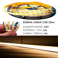 Tira LED Flexible LINEAL COB 24V luz continua lama 12W/m perfiles barras 1080lm/m BOBINA 50 metros con conectores 3000K