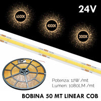 Tira LED Flexible LINEAL COB 24V luz continua lama 12W/m perfiles barras 1080lm/m BOBINA 50 metros con conectores 3000K