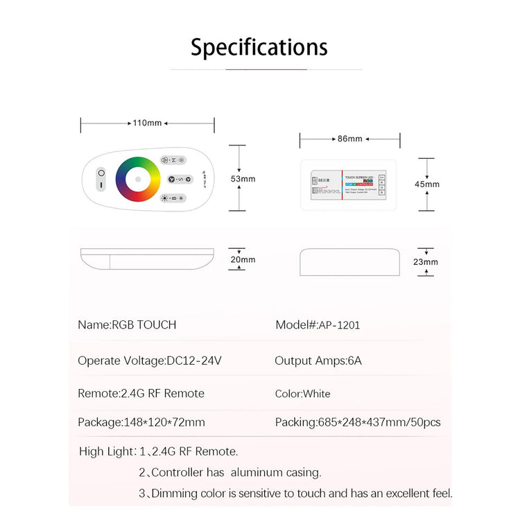 Centralina con telecomando controller RGB multicolore RF 2.4Ghz 18A 3CH dimmer 12/24V dc strisce luci LED