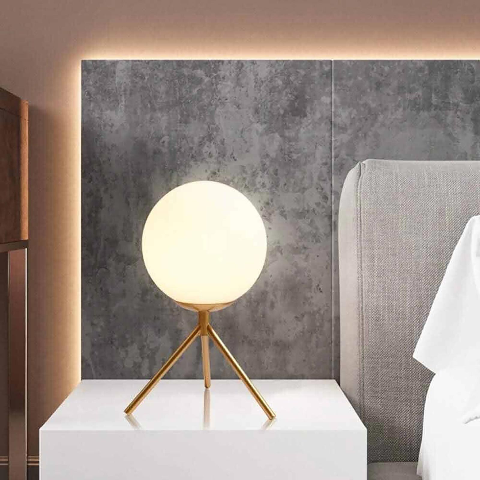 Lampada da tavolo tripode G9 sfera vetro bianco luce comodino scrivania ufficio camera letto colore bronzo dorato 230V