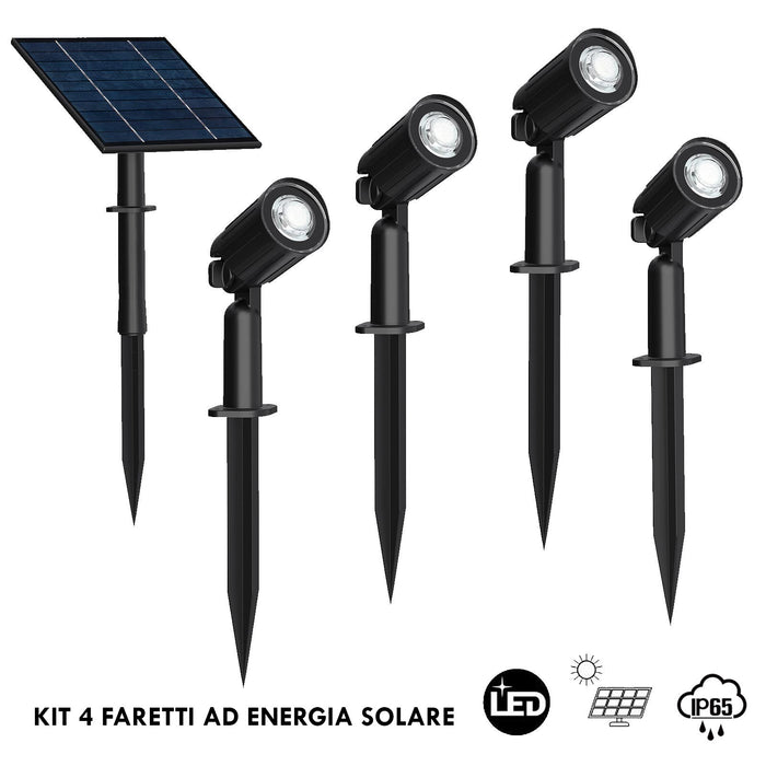 KIT 4 faretti LED pannello solare picchetto IP65 batteria ricaricabile sensore crepuscolare luce dimmerabile giardino 3000K